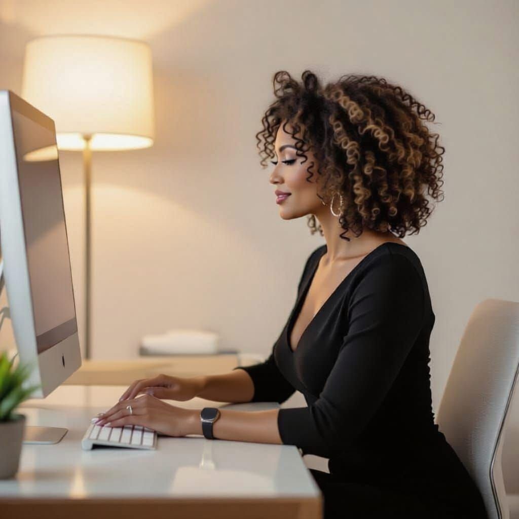 Woman in Chanel Dress Pets Boxer Dog at Computer