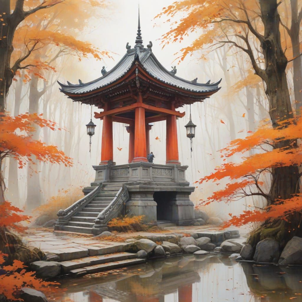 Autumn Forest Temple with Crane in Watercolor