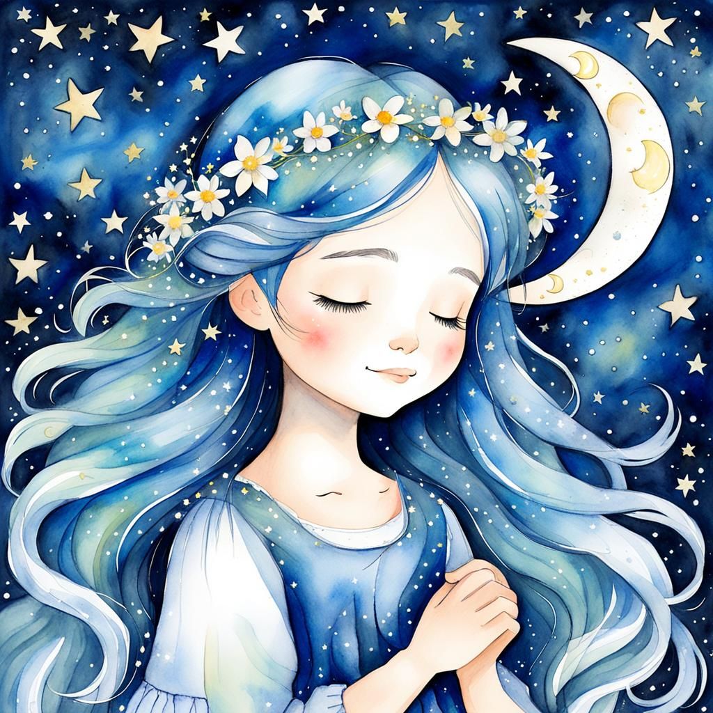 Dreamy Girl with Bird in Whimsical Watercolor Painting