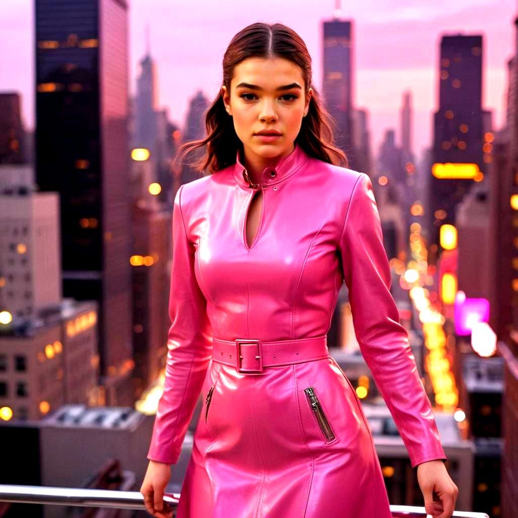 Hailee Steinfeld in Pink Leather Dress, New York City