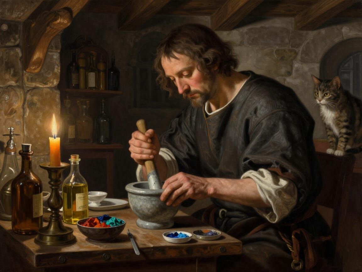 Renaissance Artist Mixing Oil Paints in Apothecary