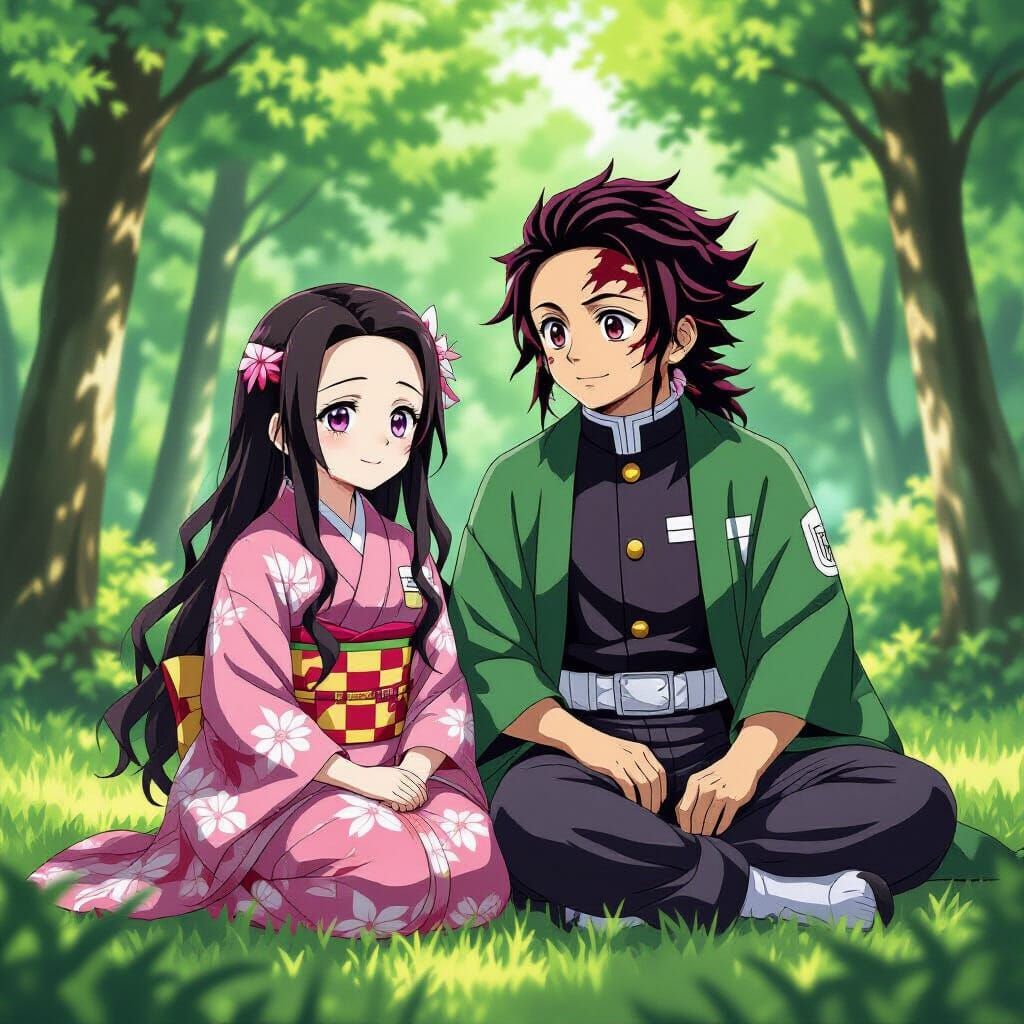 Nezuko and Tanjiro in Serene Forest Anime Style