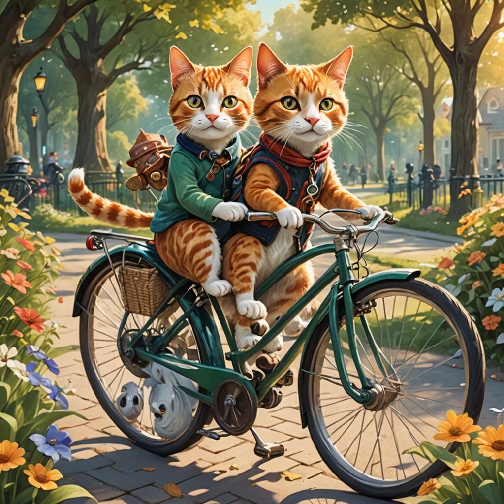 Cat and Dog's Sunny Bicycle Ride: Whimsical Illustration