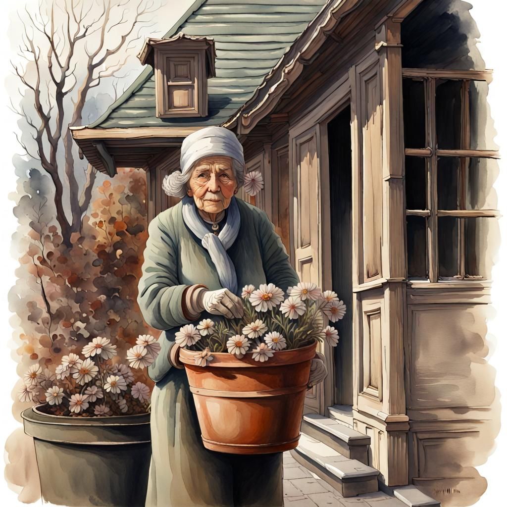 Victorian Winter: Old Woman with Flower, Watercolor Painting