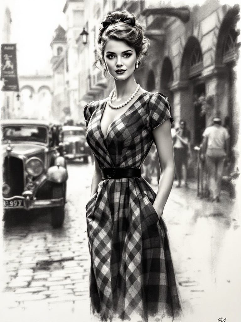 Elegant Woman in Mid-Century Style Charcoal Study