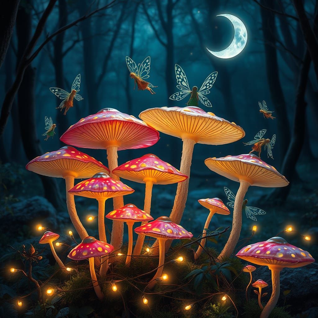 Whimsical Mushroom Forest Scene under Moonlight