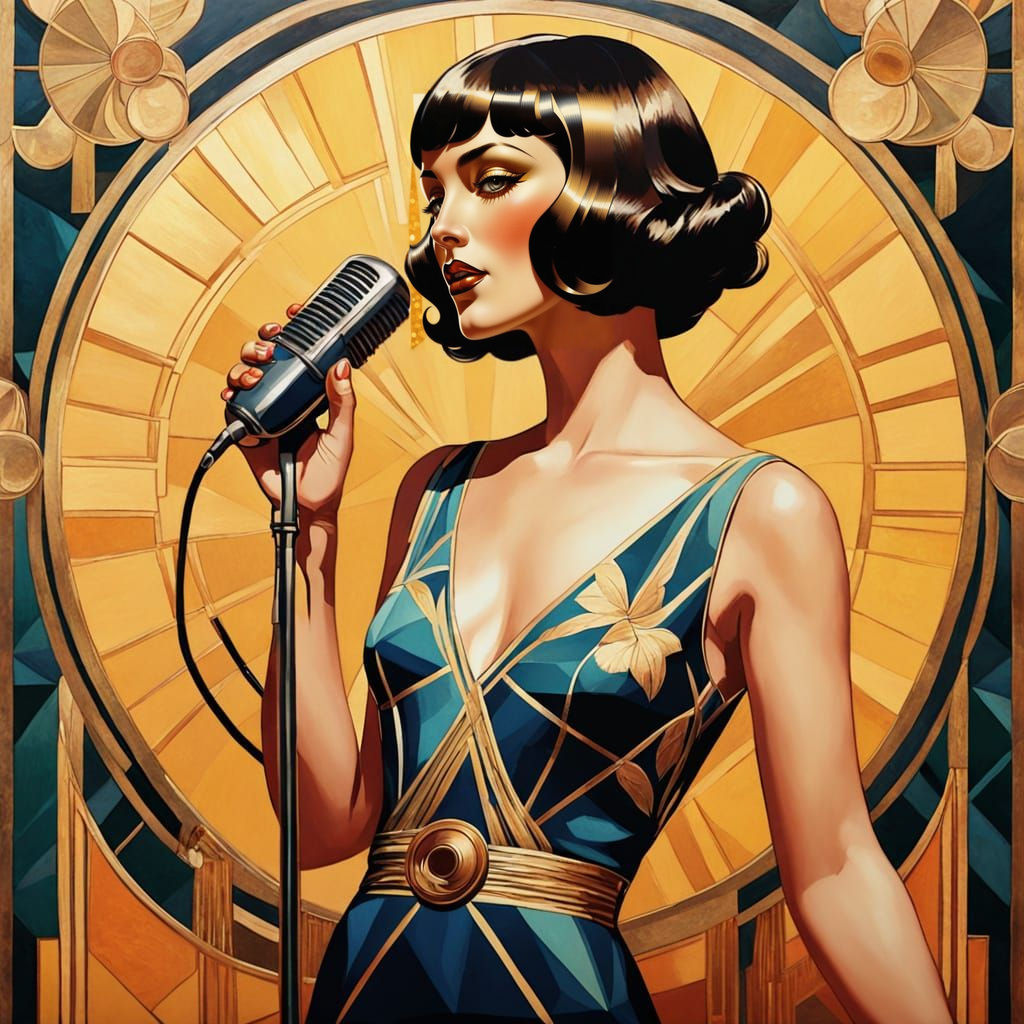 Glamorous Art Deco Woman with Microphone in Gouache Style