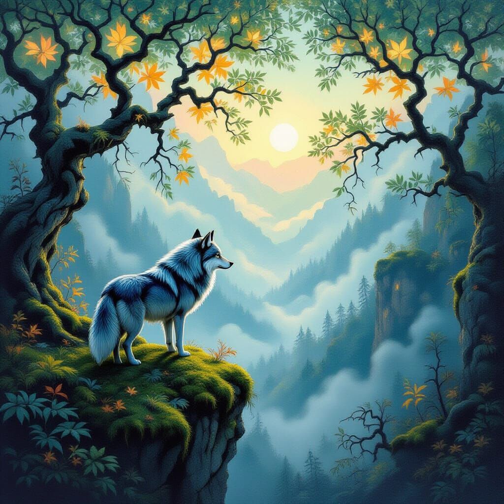Majestic Twilight Wolf on Cliff Overlooking Misty Valley