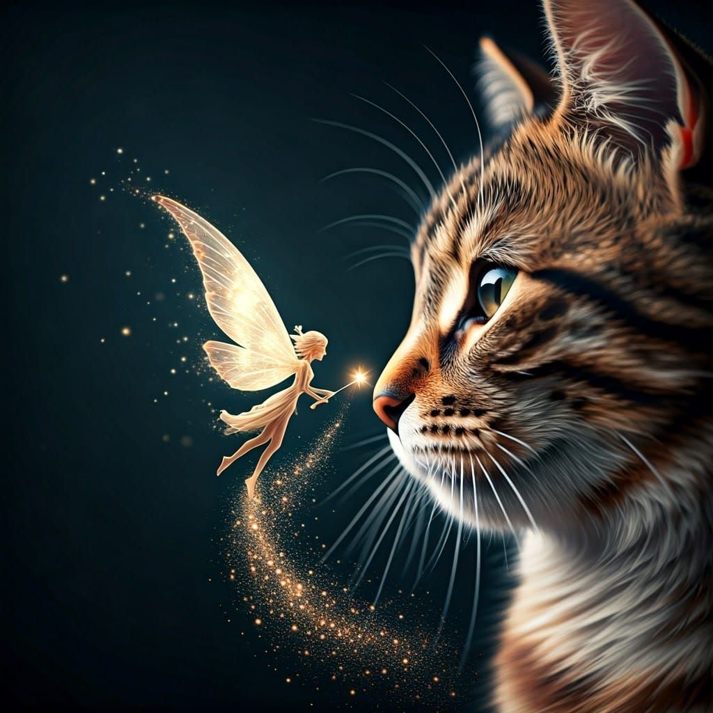 Whimsical Fairy Meets Cat in a Sparkling Moment of Magic
