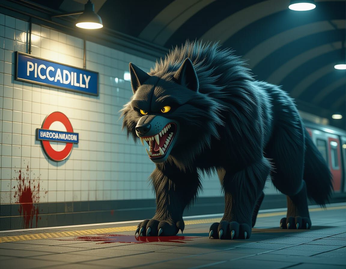 Giant Furry Wolf in Underground Station, Pixar Style