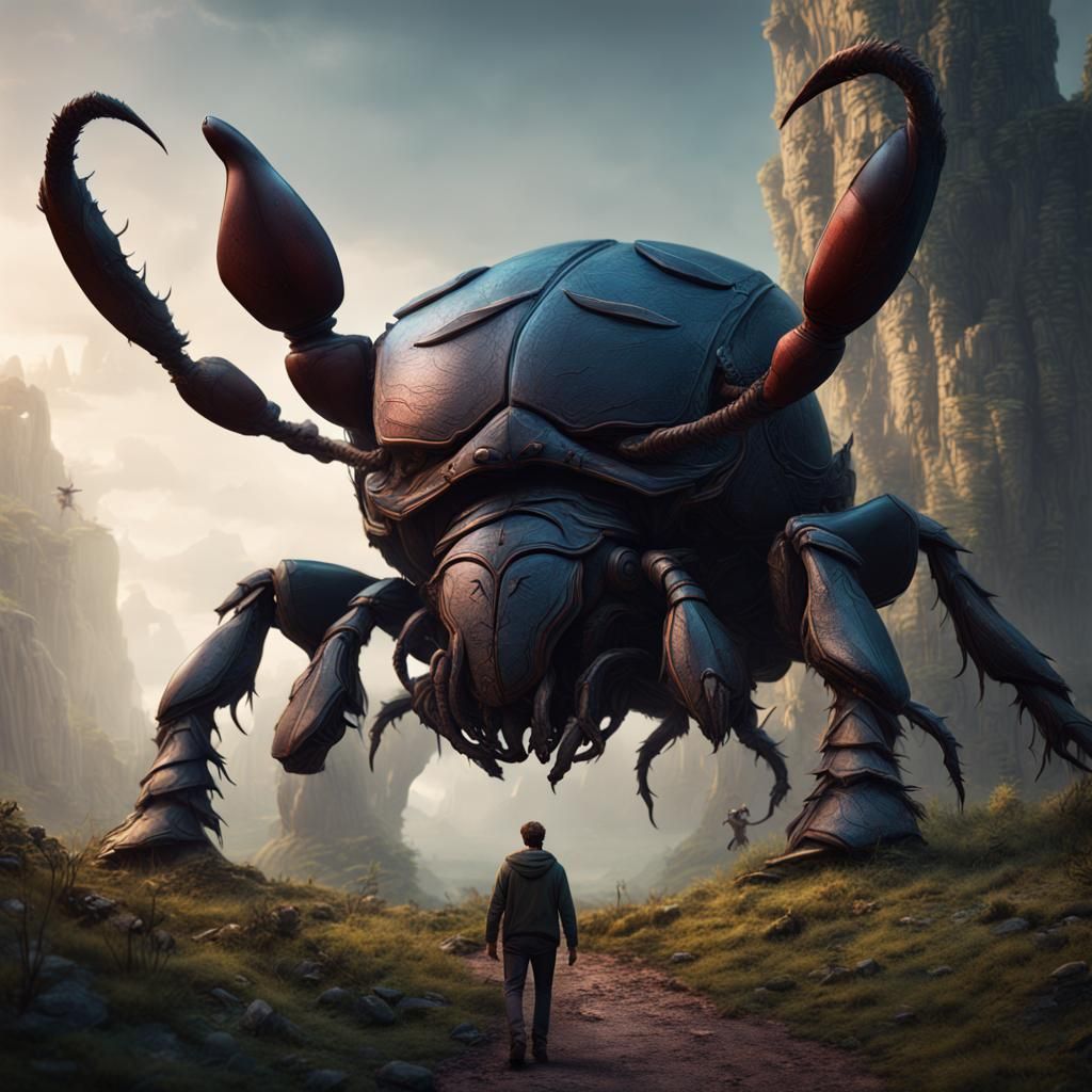 Man Confronts Giant Beetle in Detailed Digital Painting