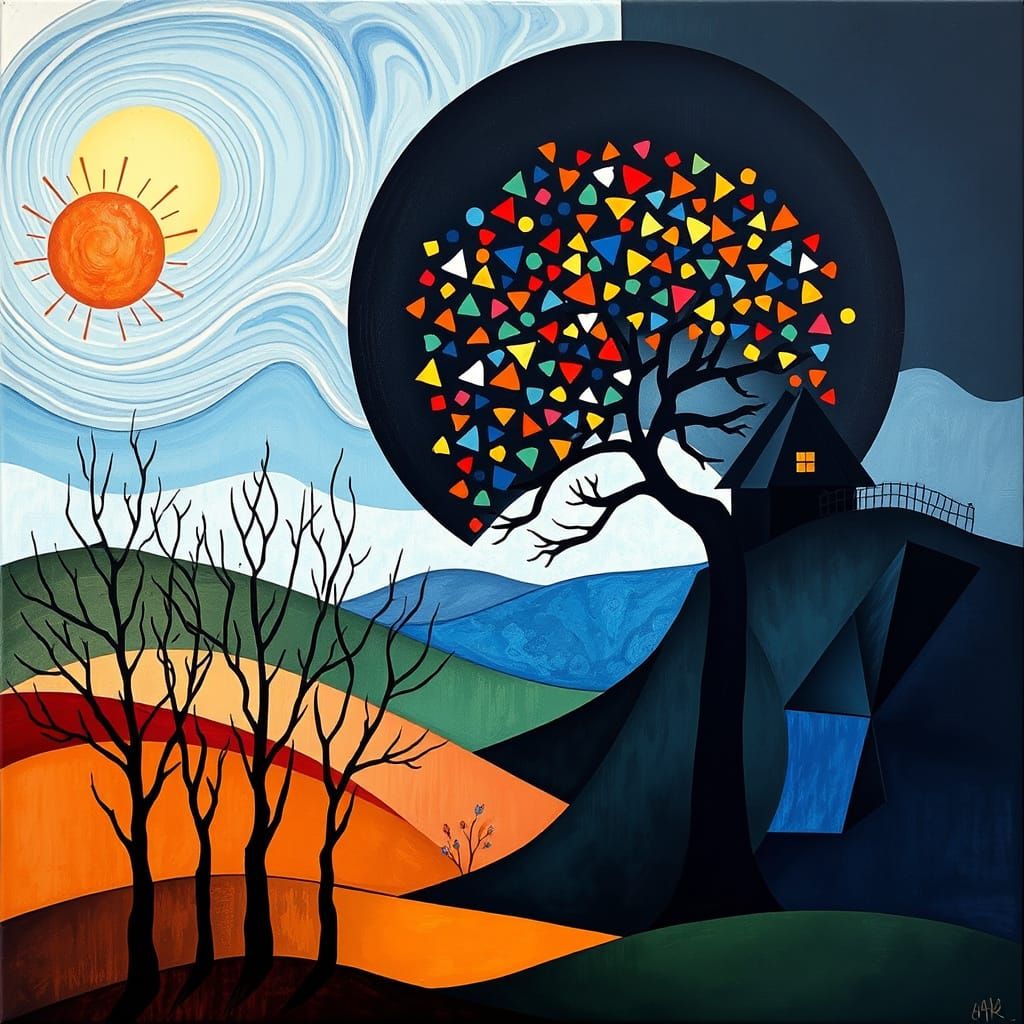 Surreal Landscape Painting in Klimt Style, Geometric Shapes