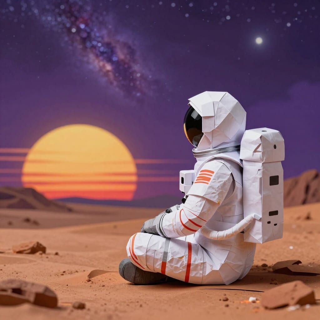 Astronaut Contemplates Binary Sunset on Alien World