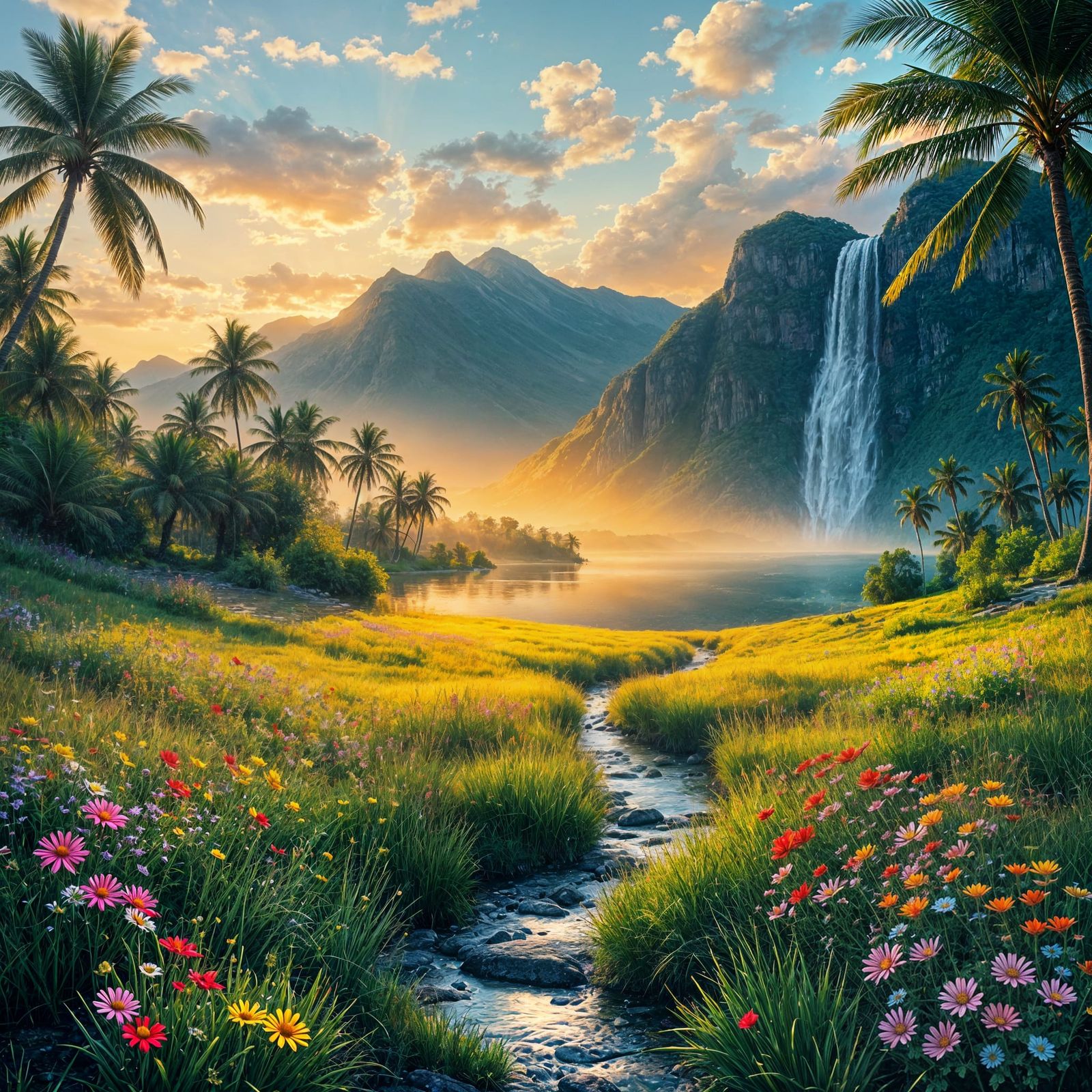 Idyllic Meadow Landscape at Sunset