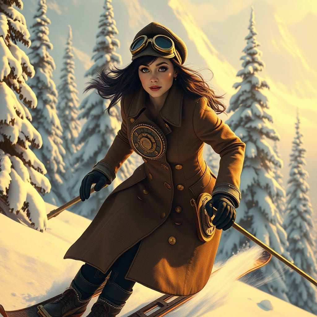 Steampunk Woman Glides Down Snowy Mountain in Style