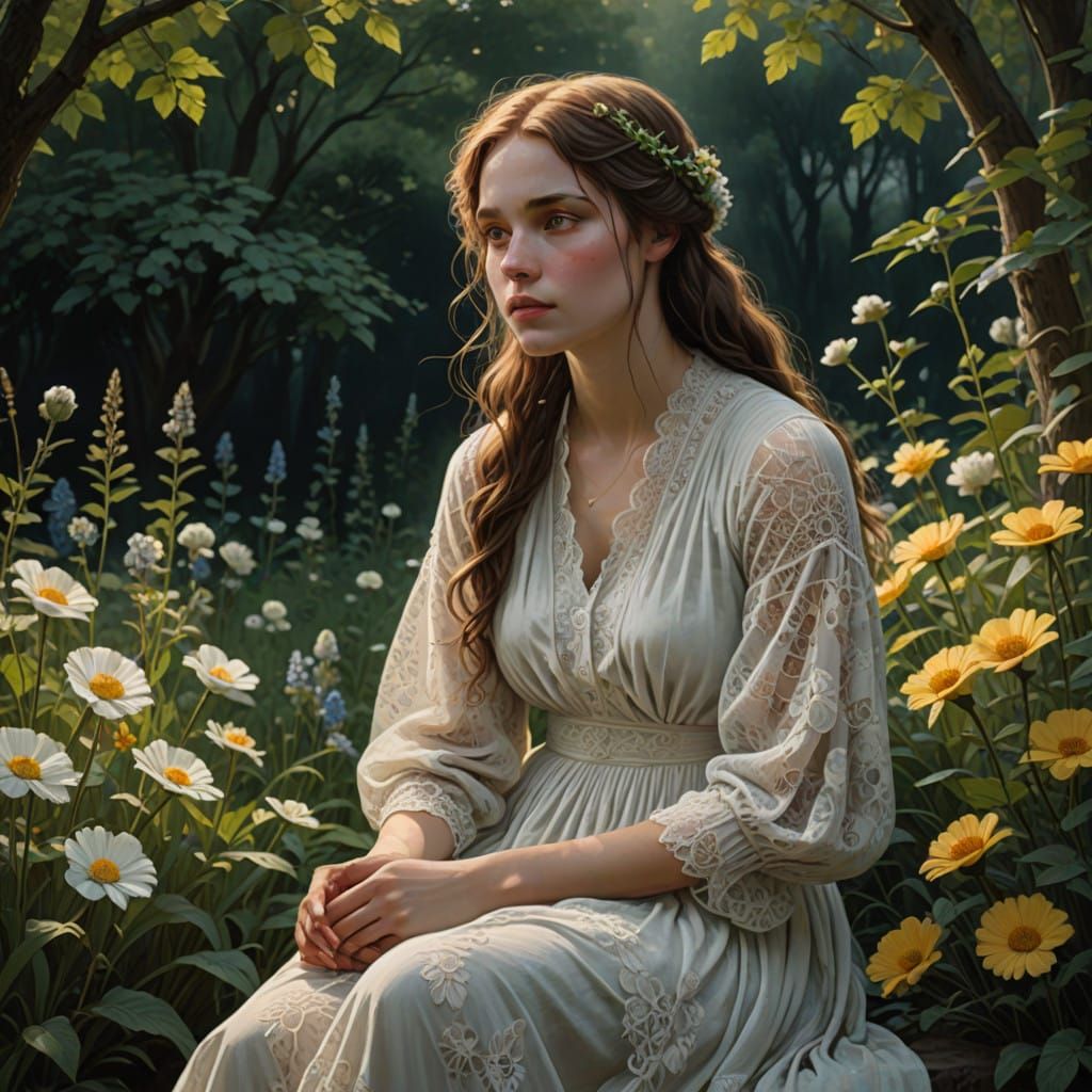 Dreamy Woman Contemplates in Serene Moonlit Garden