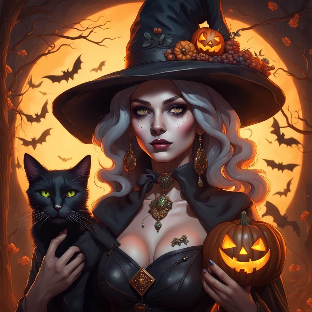 Surreal Nighttime Portrait of a Bone Witch and Her Cat