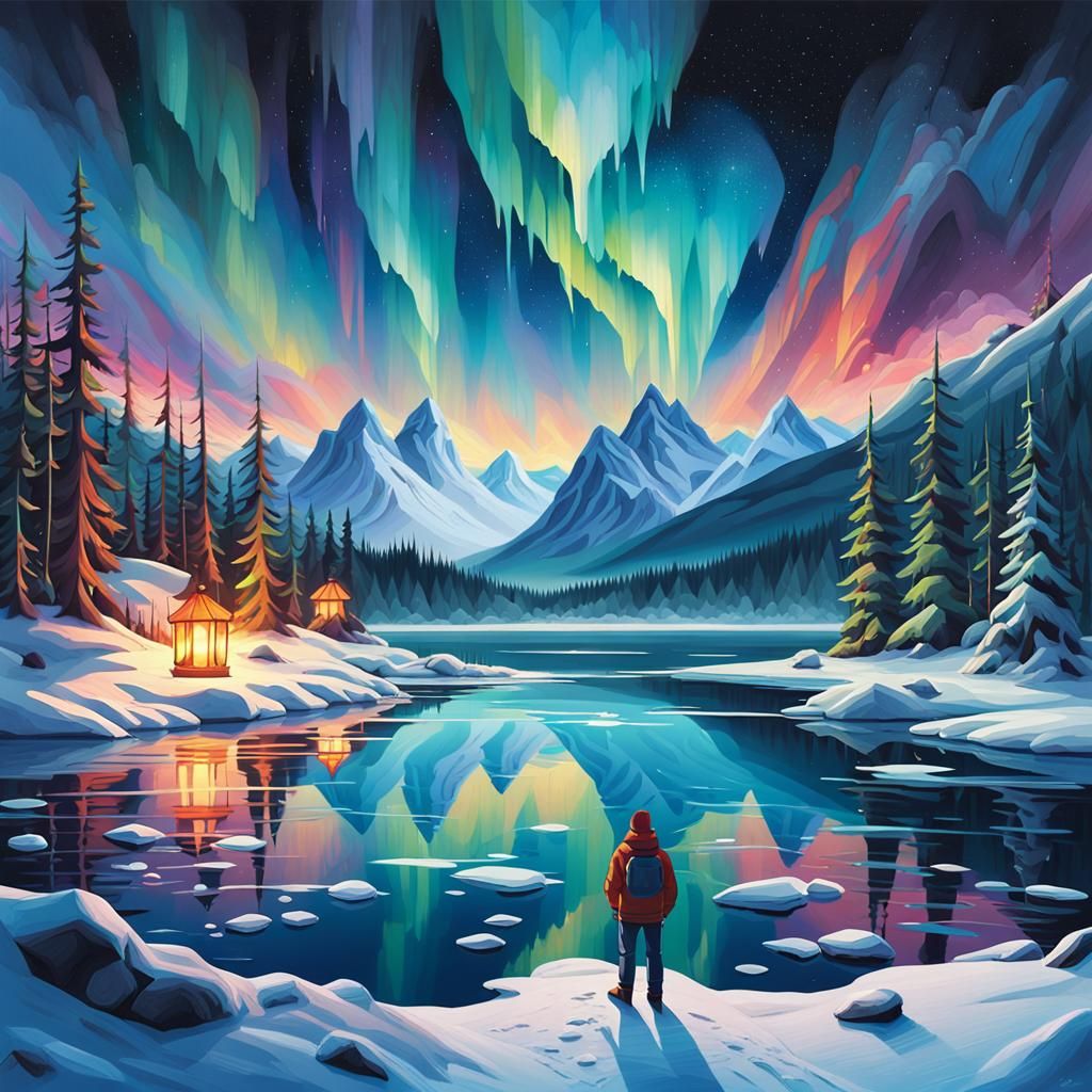Snowy Mountain Landscape with Aurora, Oil Painting
