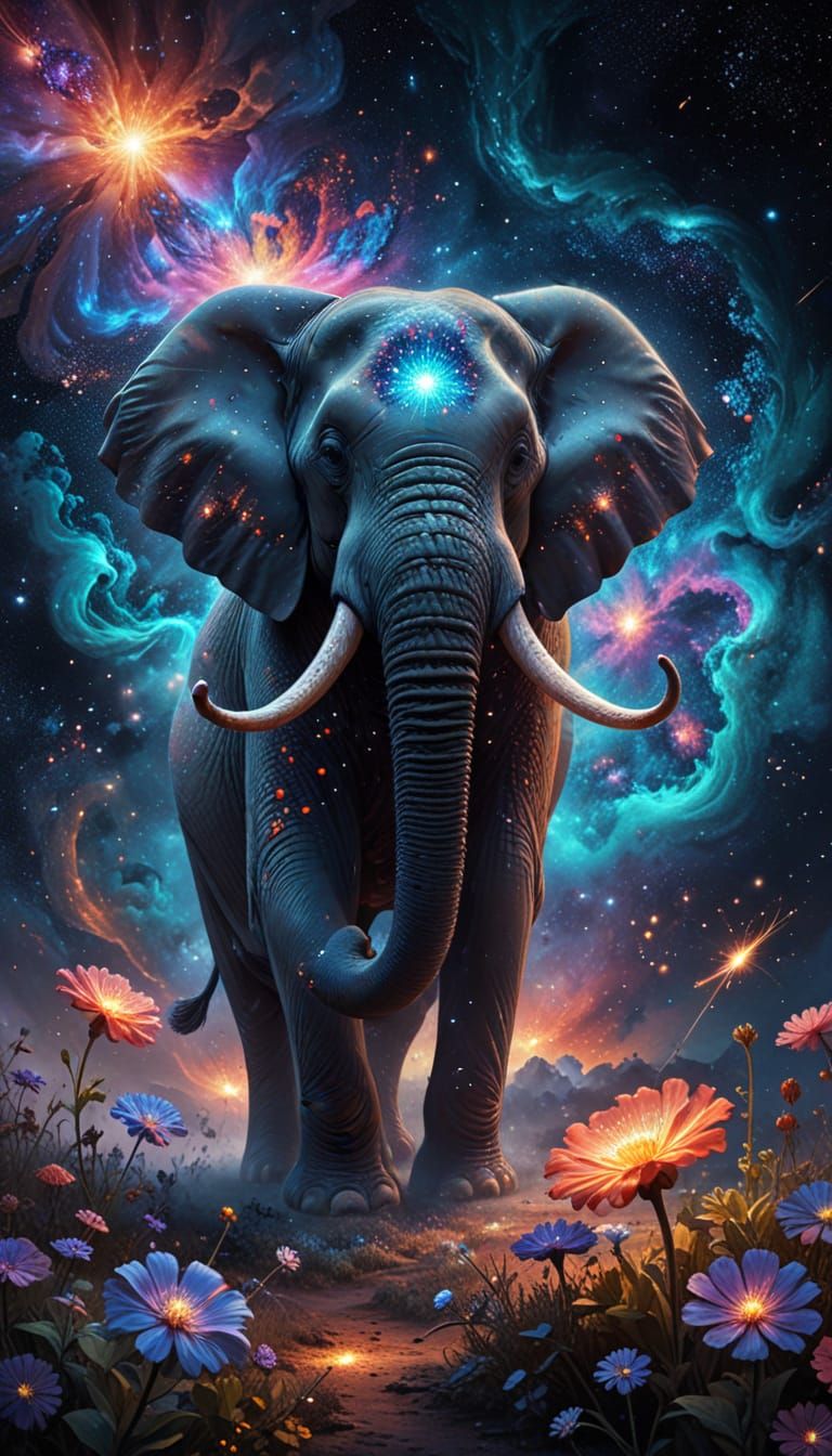 Nebula Elephant Touches Glowing Flower in Cosmic Art Style