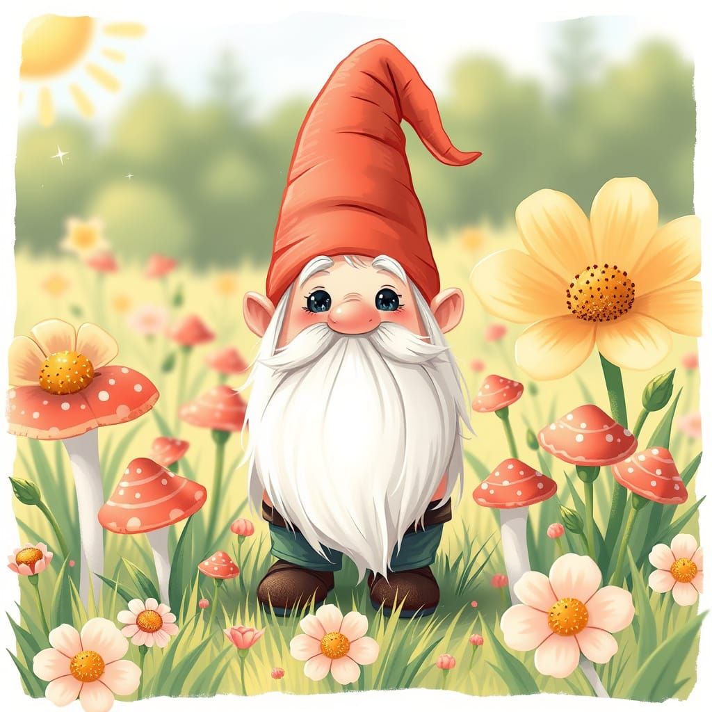 Gnome in Sunny Meadow: Kawaii Art Style