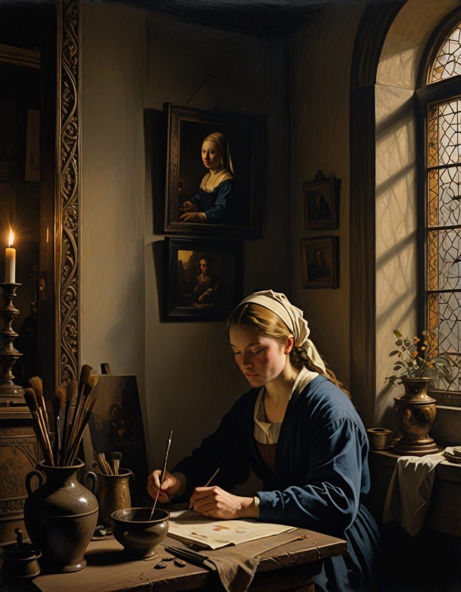 A Masterful Dutch Golden Age Oil Painting of a Woman at Work