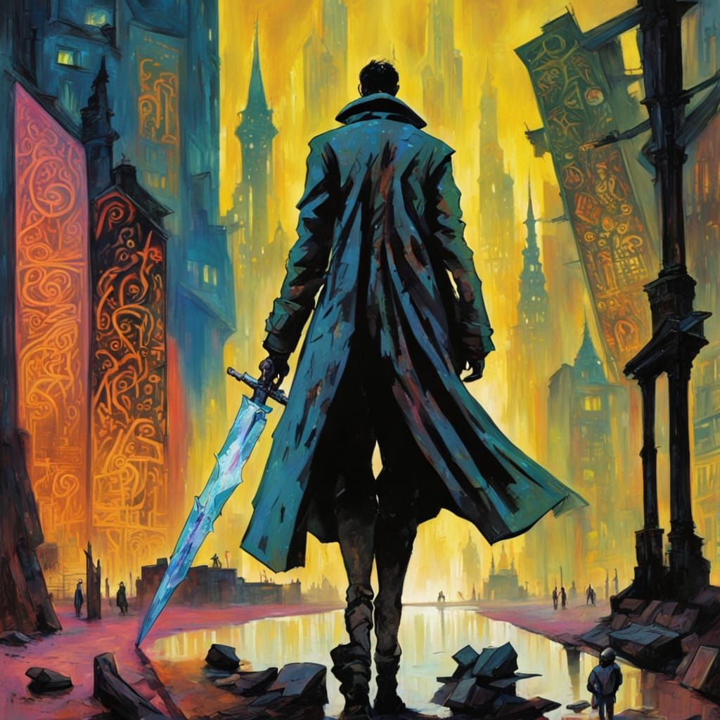 Cyberpunk Outcast Wields Sword in Futurist Wasteland