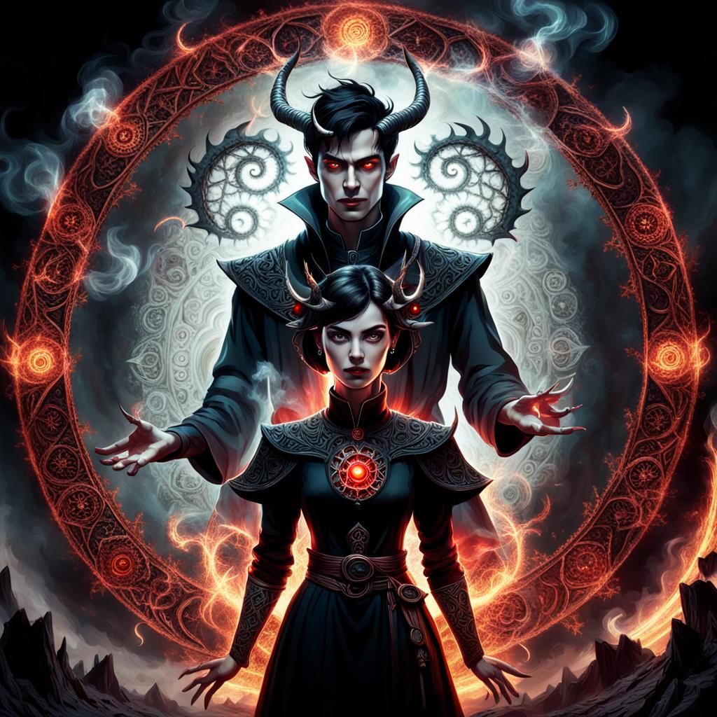 Surprised Wizard Meets Horned Woman in Fantasy Illustration