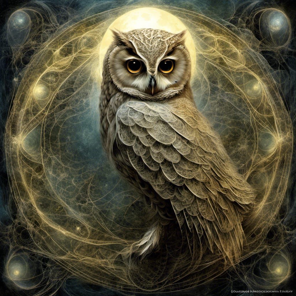 Fractal Owl in Moonlit Forest, Digital Painting