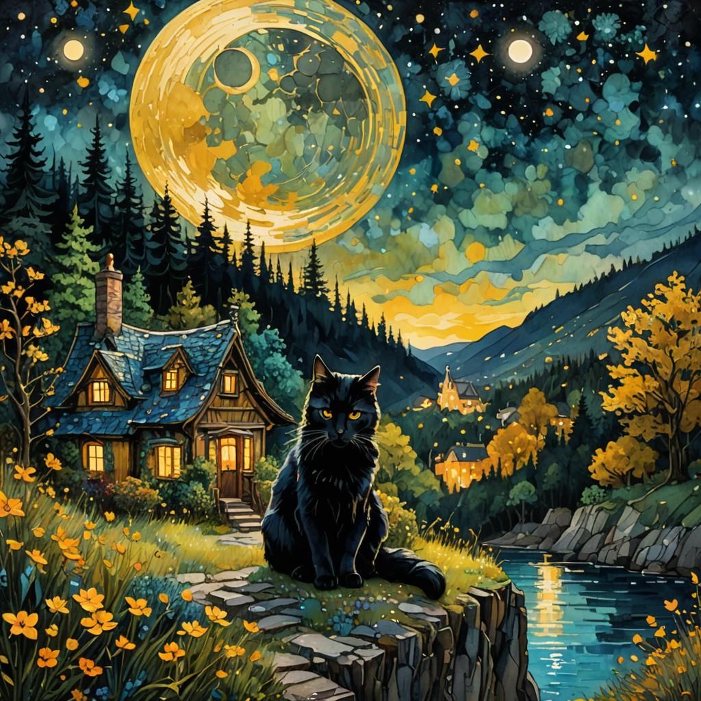 Cottagecore Nightscape with Cat, Impasto Watercolor Style