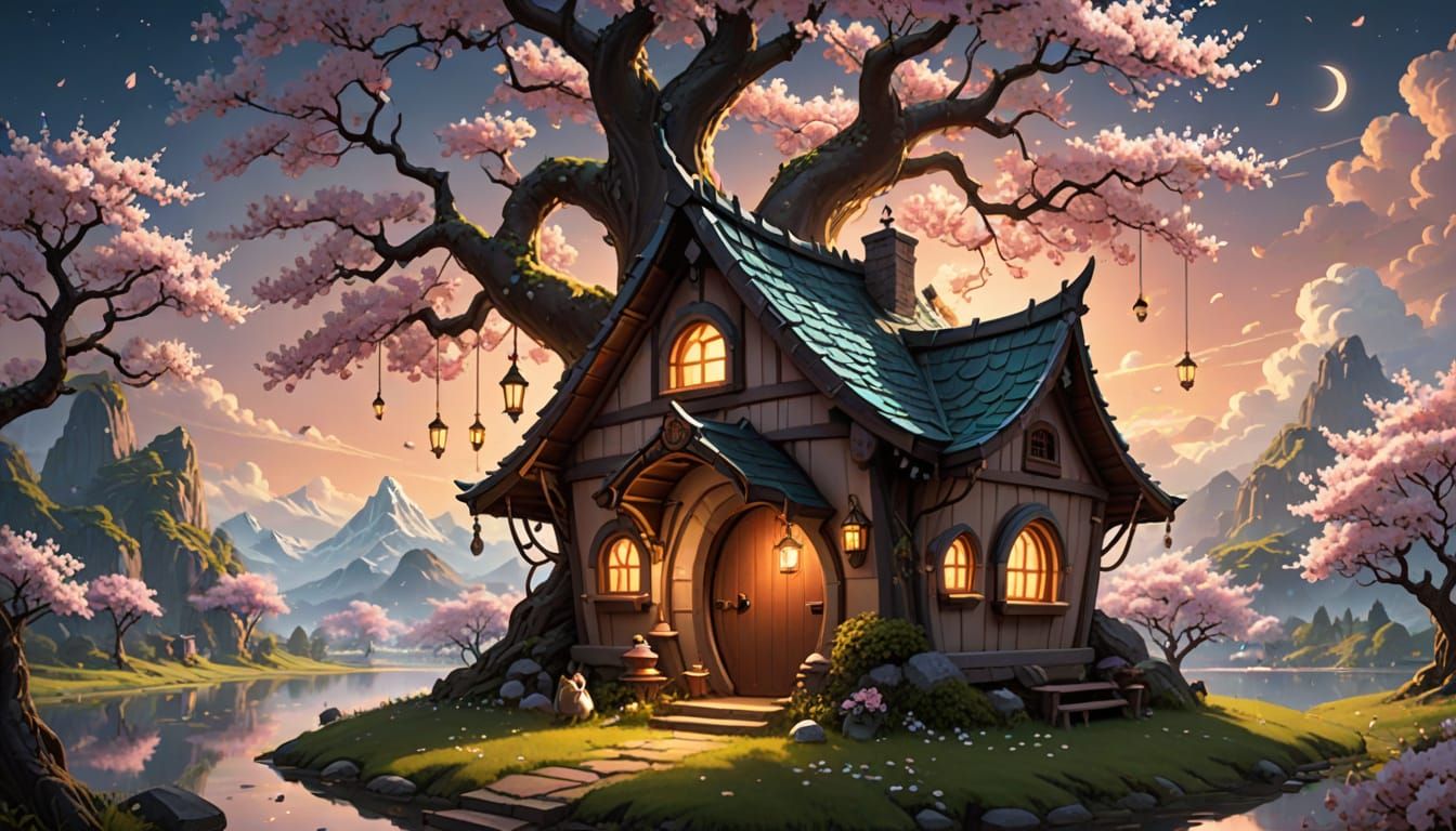 Whimsical Doghouse Blooms Within a Cherry Blossom Wonderland