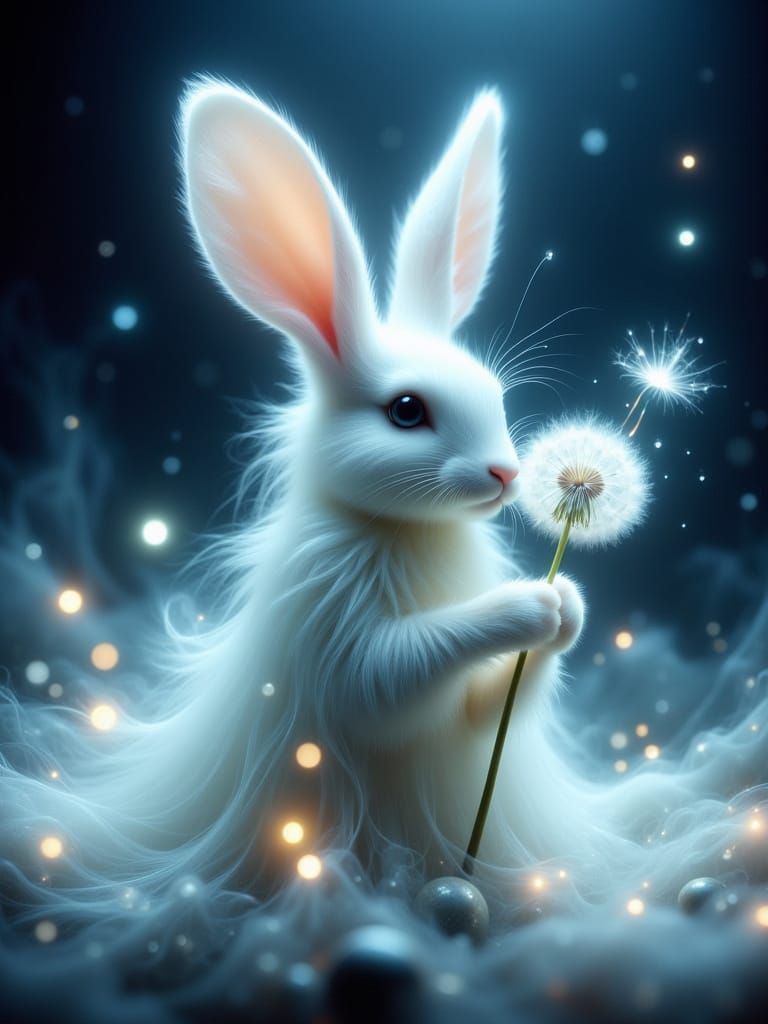 Rabbit with Dandelion in Dreamy Mystical Illustration