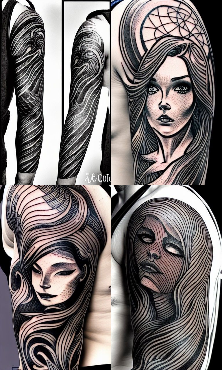 Fine Lined Mermaid Tattoo in Woodcut Style