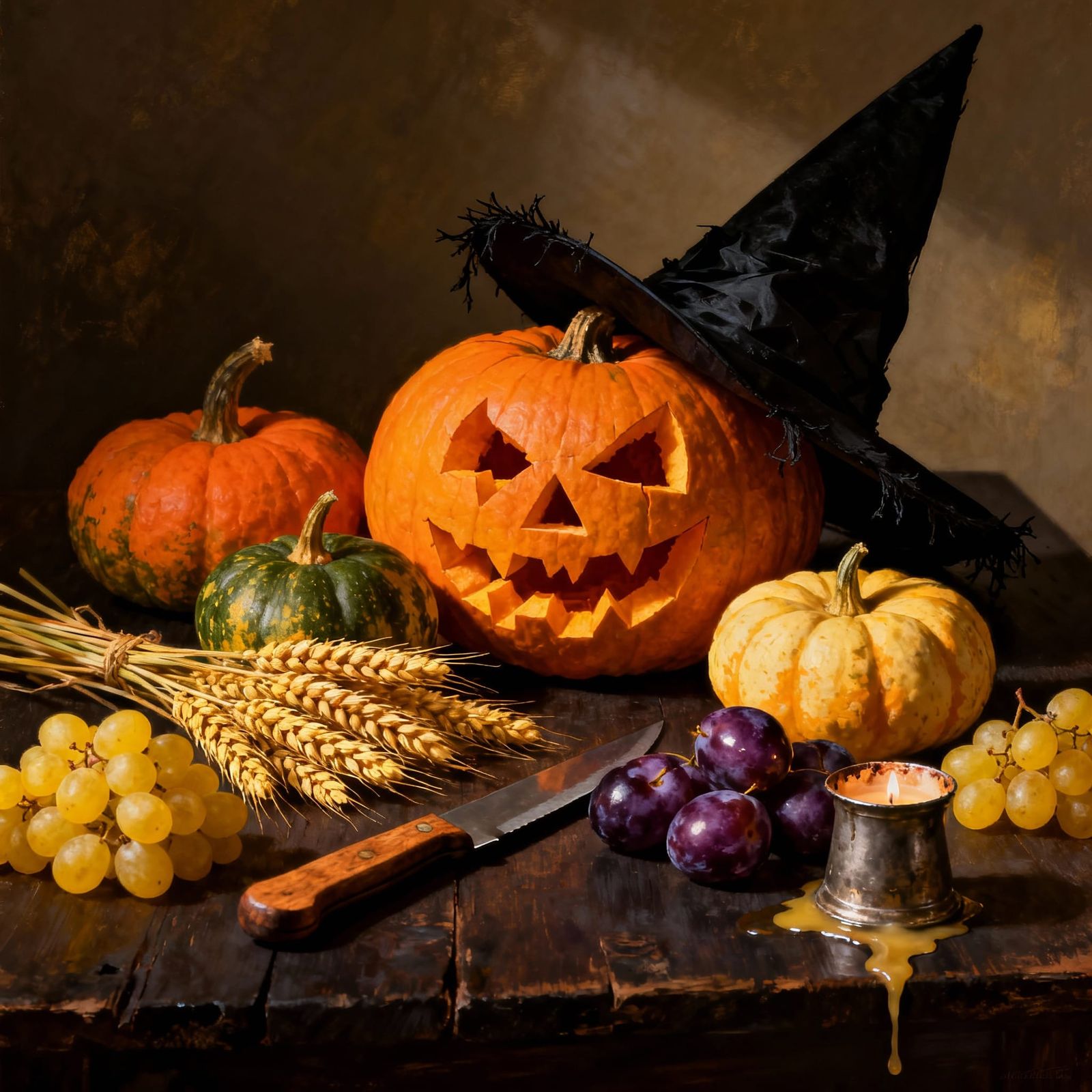 Rembrandt-Style Halloween Still Life with Pumpkins