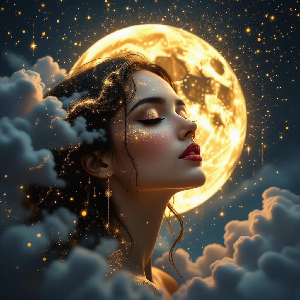 Celestial Woman in Golden Rain, Digital Art