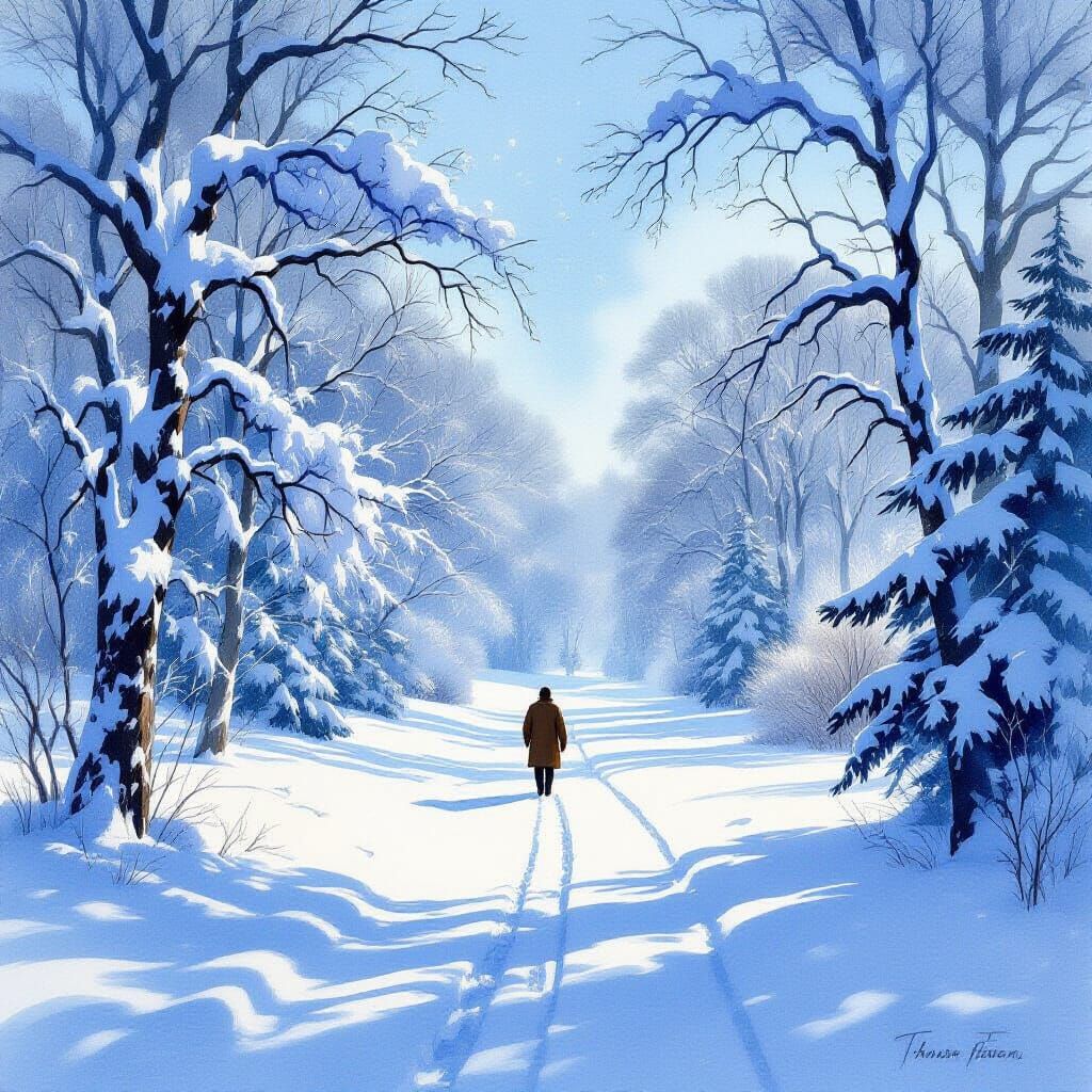 Serene Winter Landscape with Solitary Figure in Watercolor