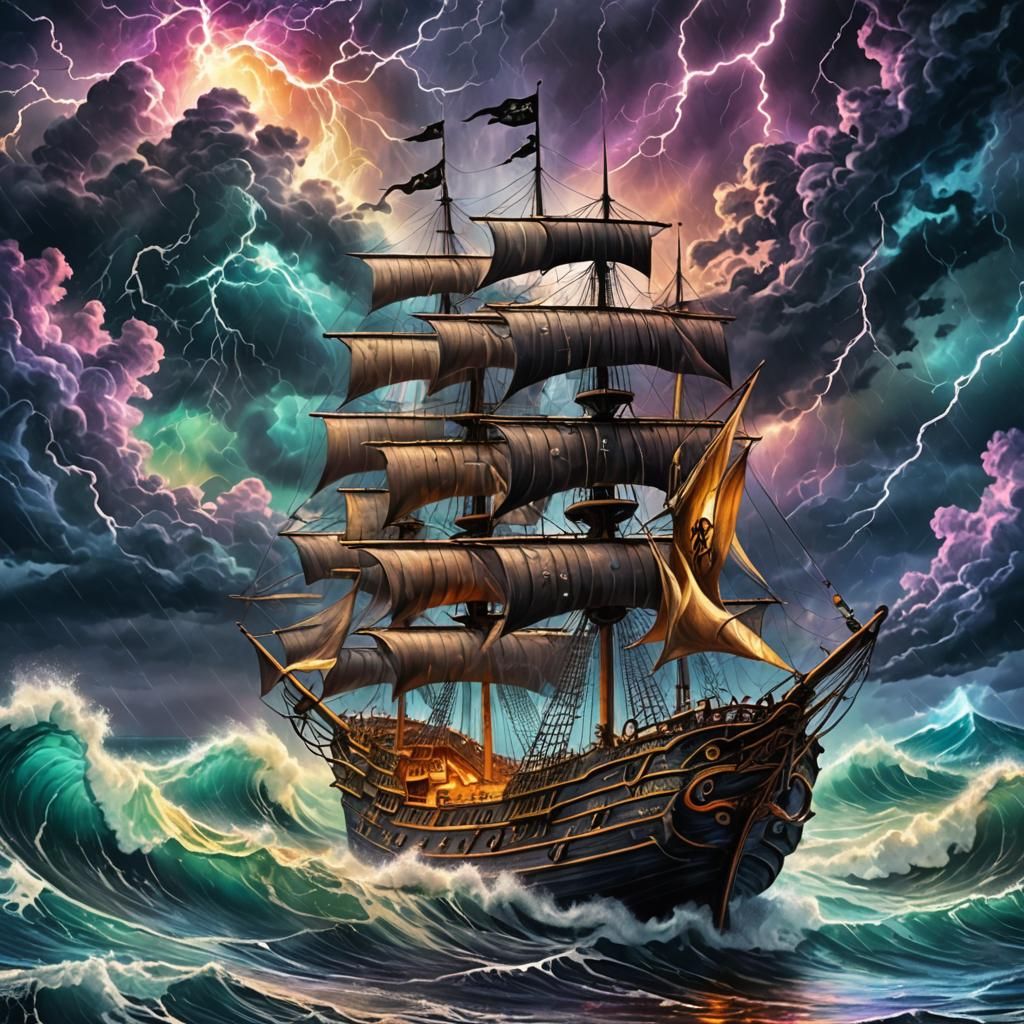 Psychedelic Pirate Ship on Stormy Sea