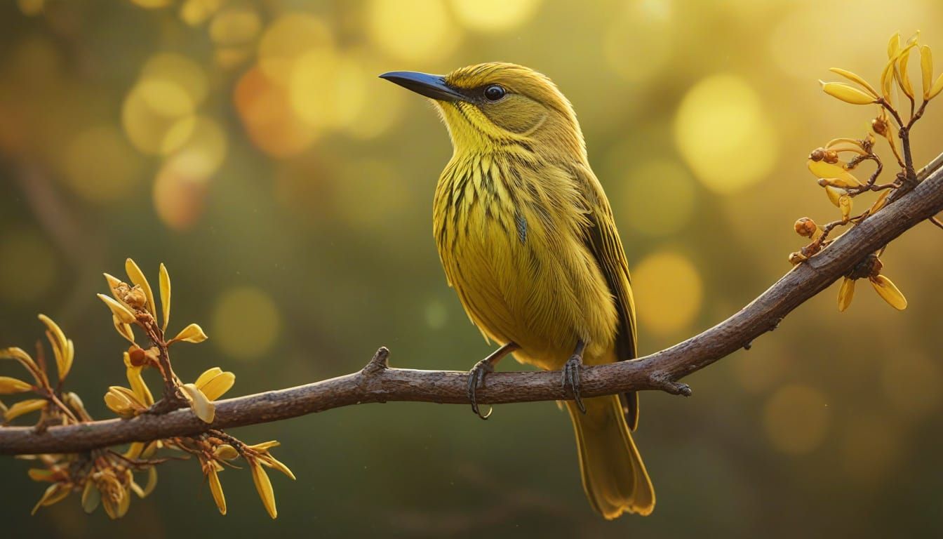 Hyperrealistic Yellow Honeyeater Perched on Branch