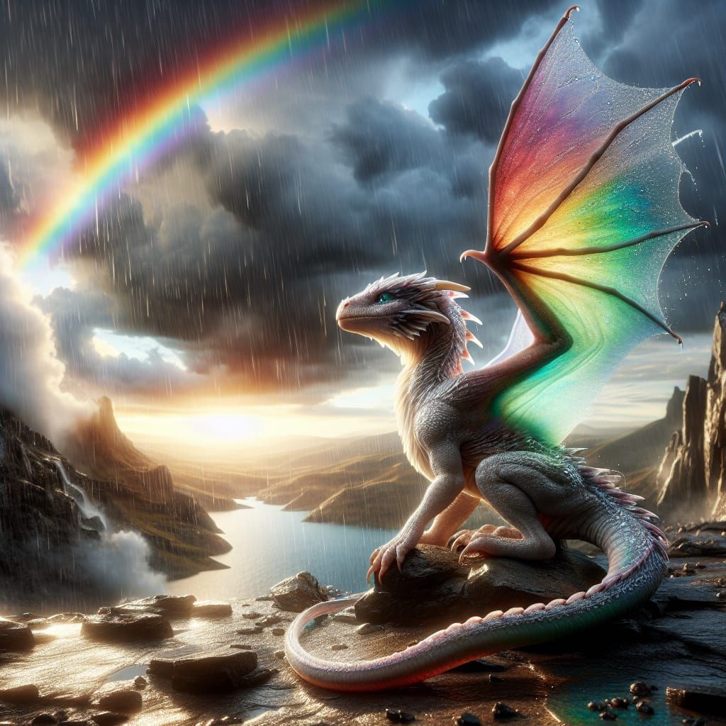 Iridescent Dragon in Storm with Rainbow Wings
