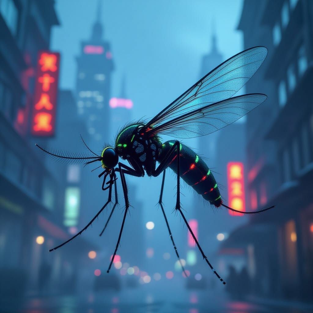 Colossal Mosquito Soars Through Neon Cityscape