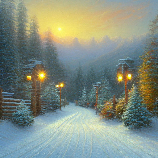 Charming Winter Cabin Scene in Golden Hour Lighting