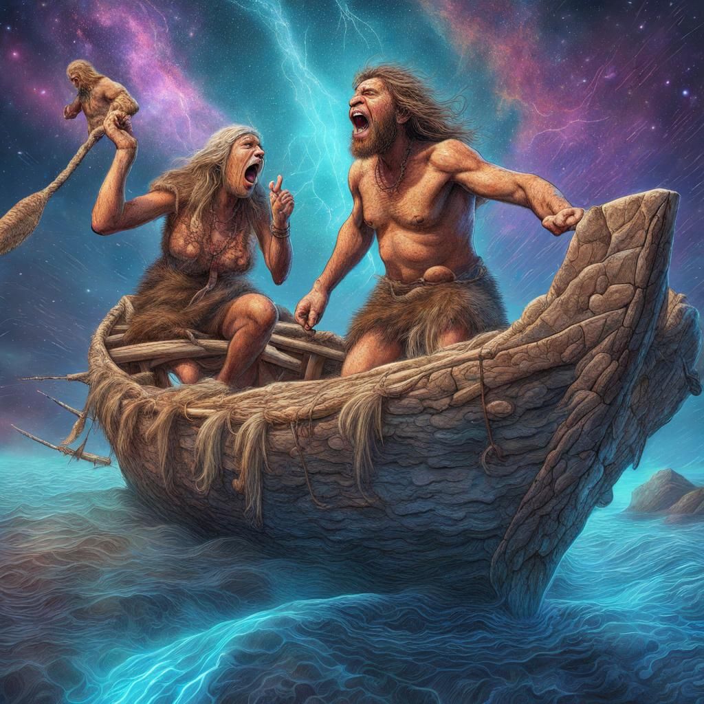 Neanderthal Family Argument in Psychedelic Astral Illustrati...