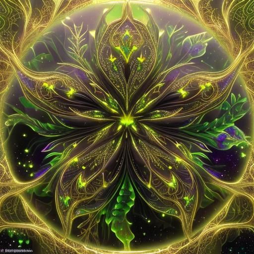 Bioluminescent Fractal Plants in Galactic Night Sky