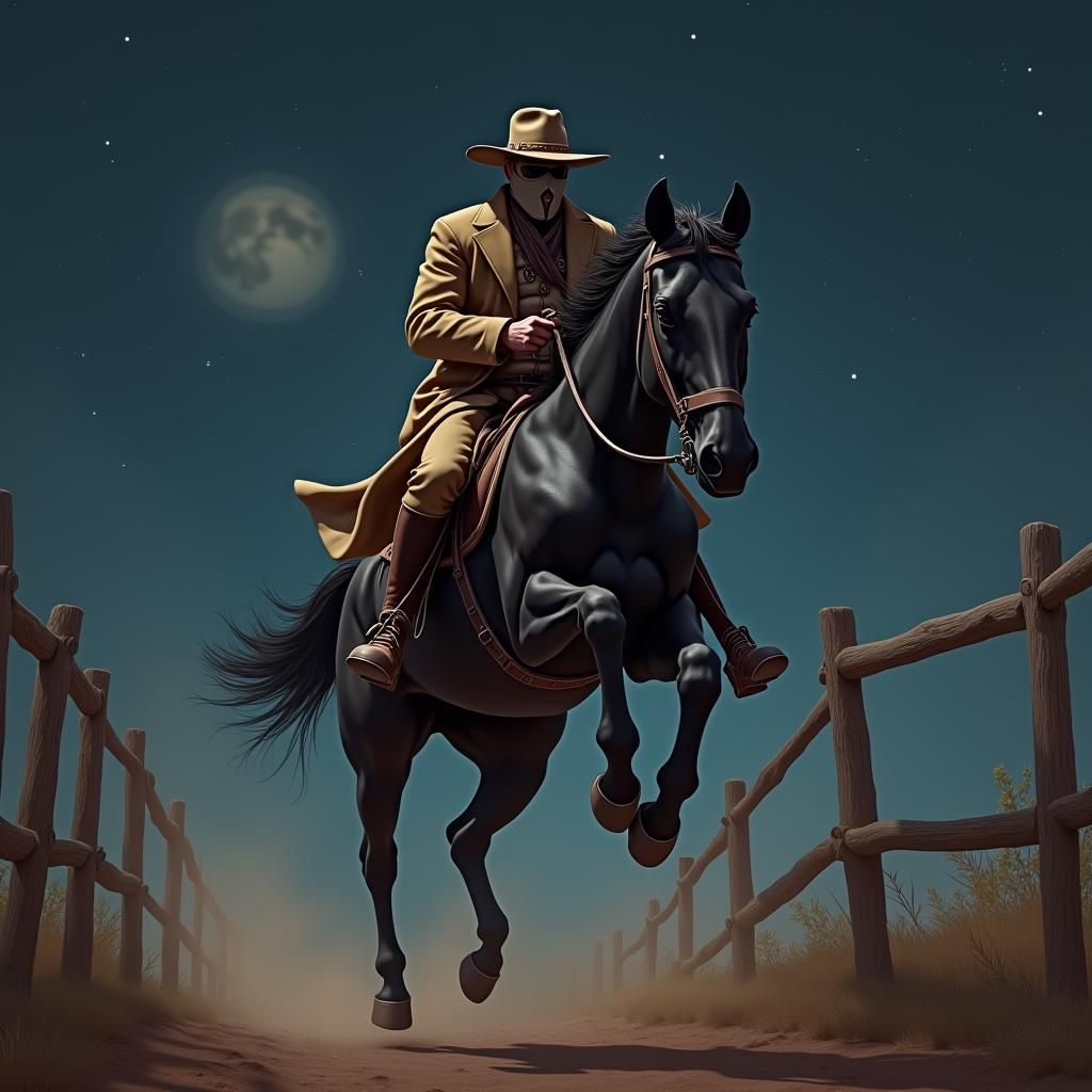 Masked Bushranger on Black Stallion in Dramatic Leap