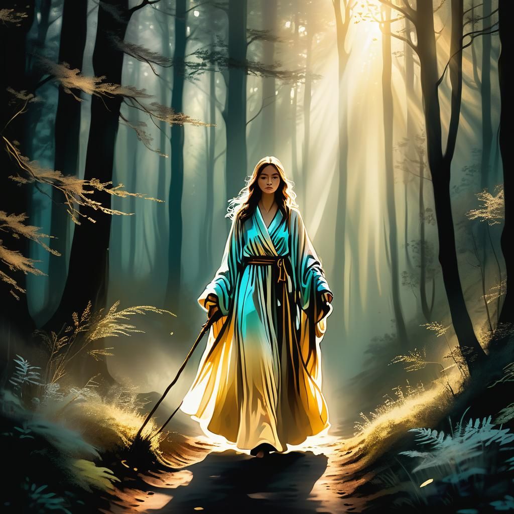 Mystical Woman in Forest Fantasy Illustration