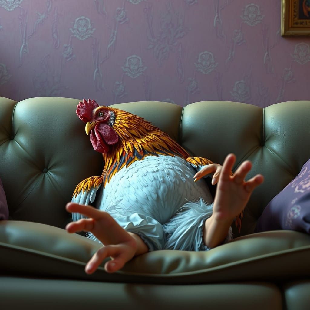 Chill Chicken-Human on Couch: Detailed Matte Painting