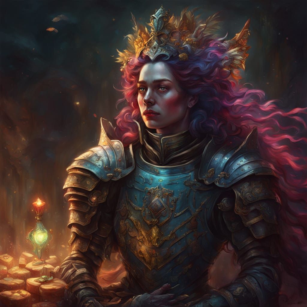 Queen in Armor Hugs Rubbish, Vibrant Oil Painting