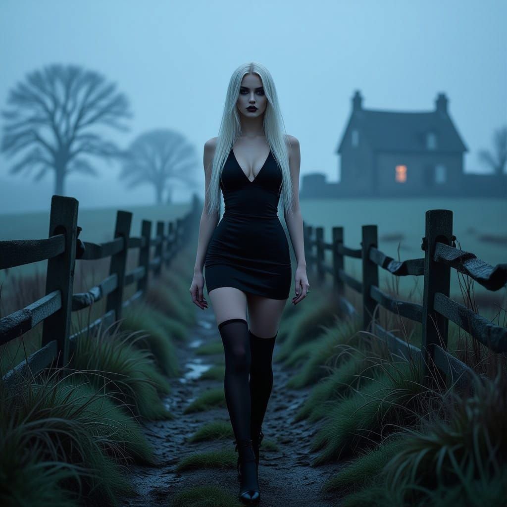 Gothic Woman on Misty Moors at Night
