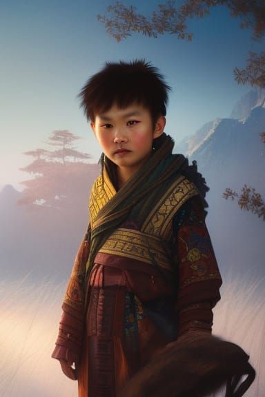 Photorealistic Portrait of a Chinese Nomad Boy