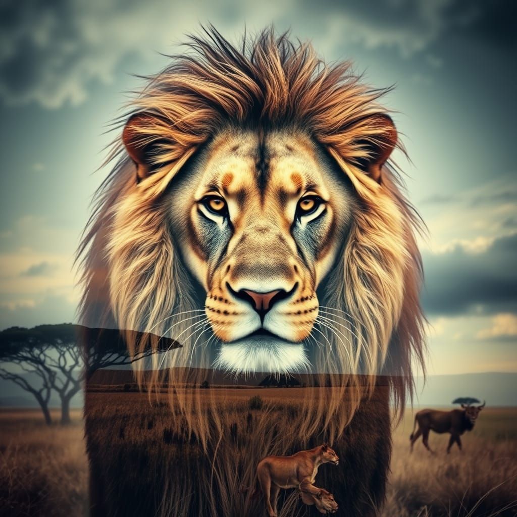 Majestic Lion in Double Exposure Art Style