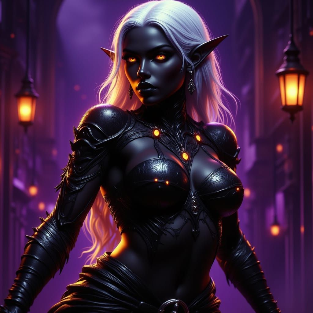 Muscle-Bound Drow Elf with White Hair in Dark Fantasy Style
